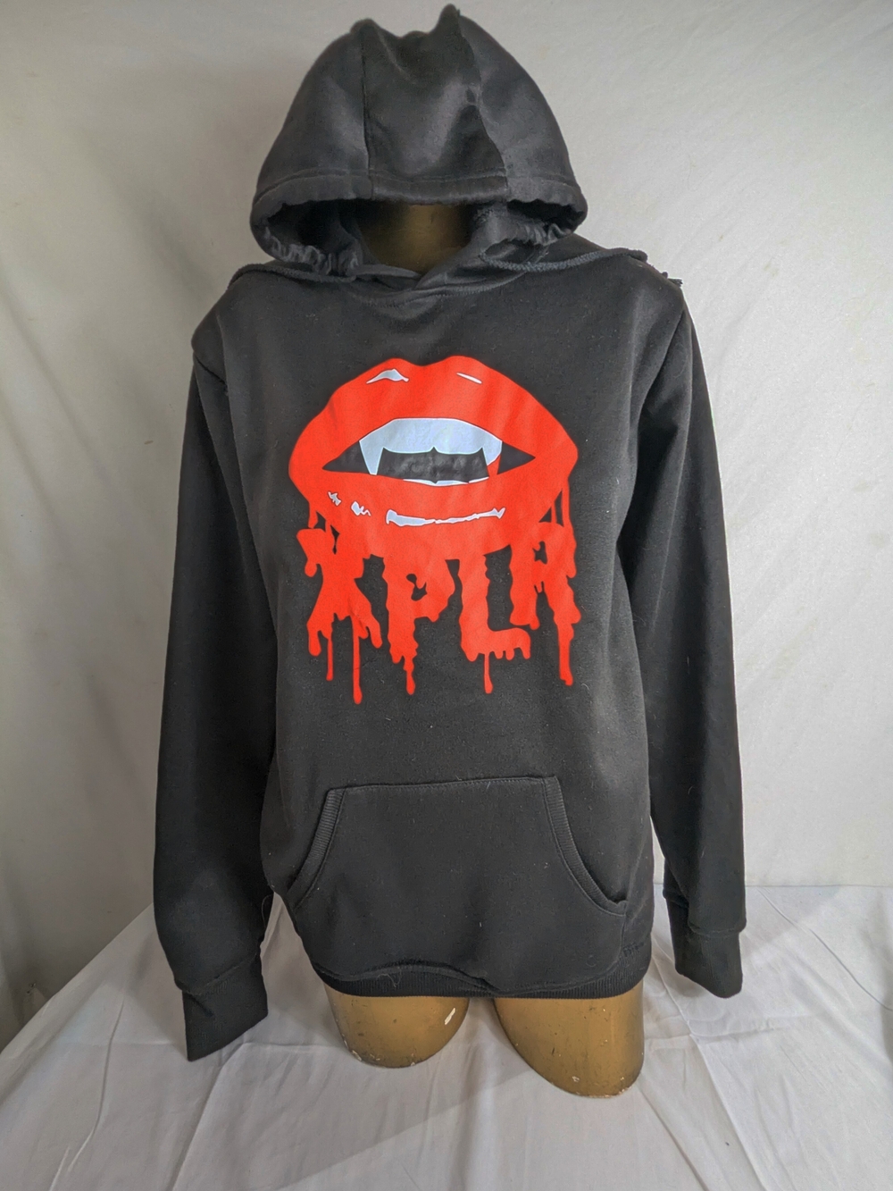 XPLR Black Hoodie Sweater with Red Drip Lip Graphic Medium